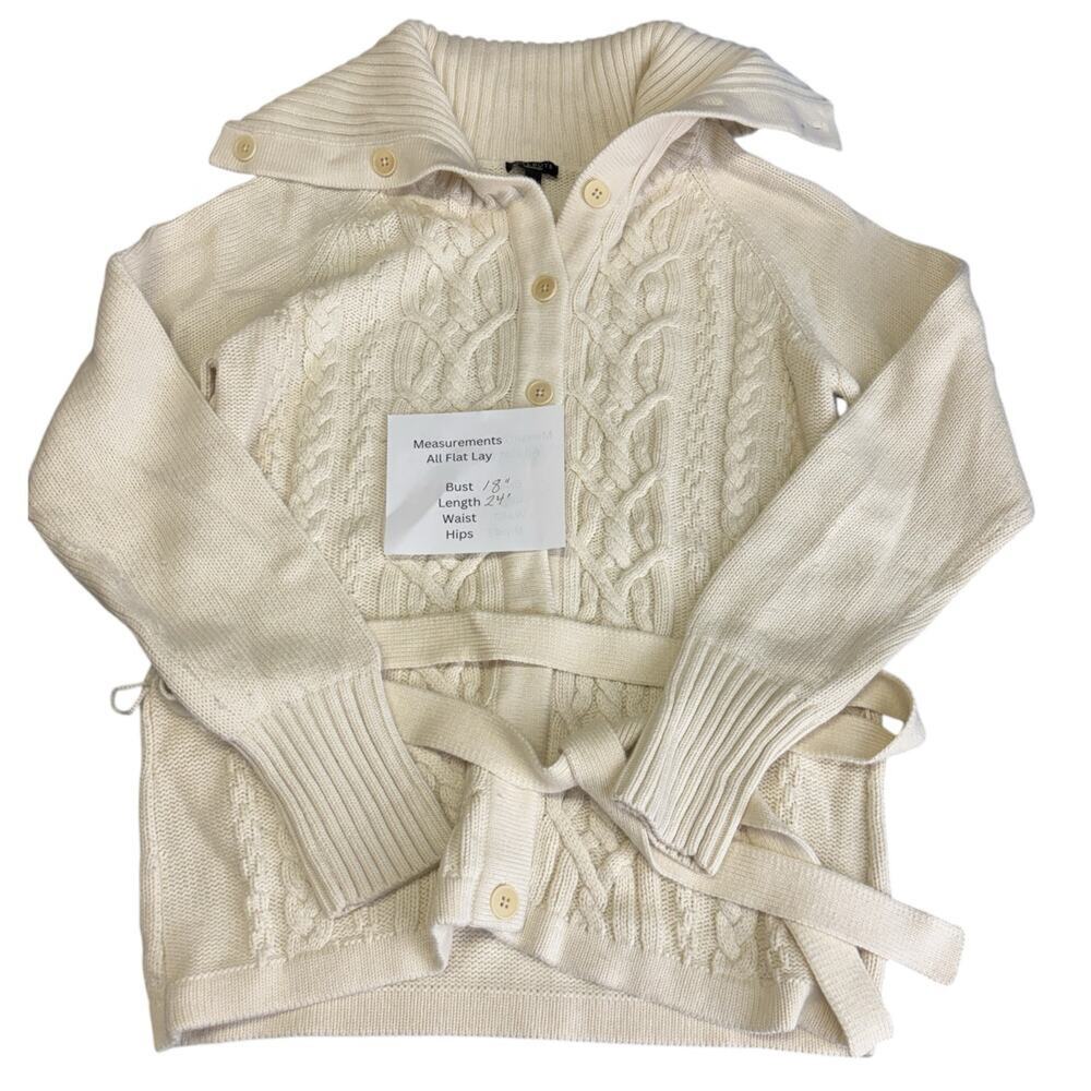 Talbots Cable-Knit Belted Cardigan Cream Shawl Collar Tie Waist Women Small - Picture 6 of 8